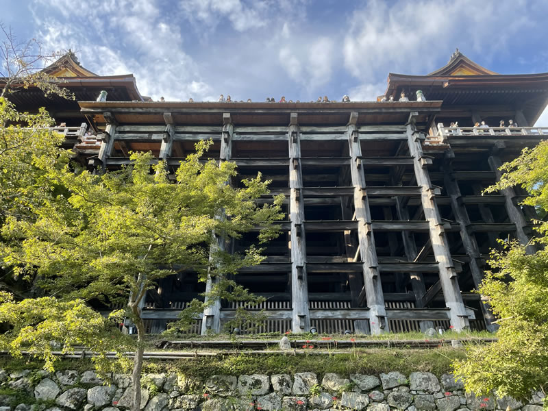 京都 下から見上げた清水寺本堂の舞台と木柱