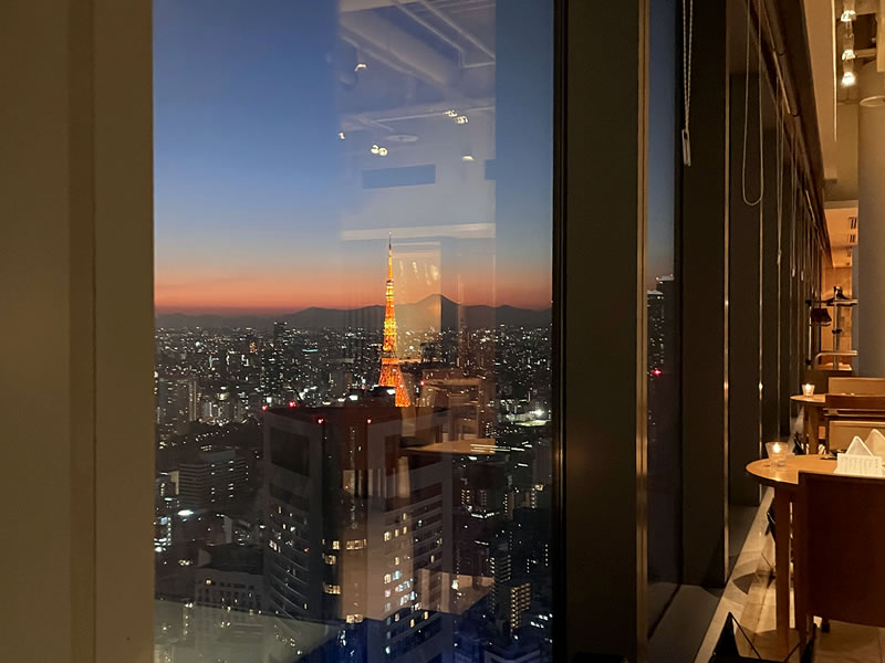 東京都港区東新橋 カレッタ汐留46F キッチン&バー 響の窓から見た東京タワーと富士山のシルエット