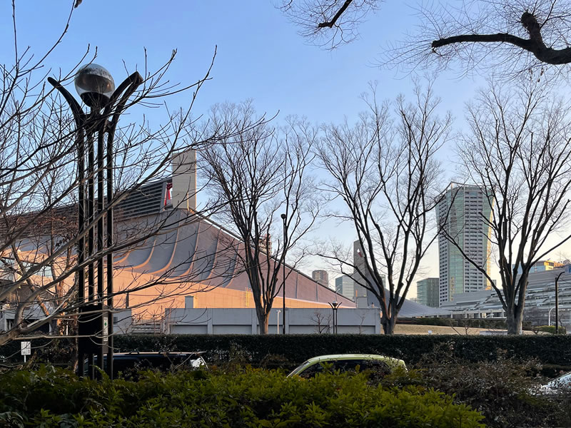 代々木公園通りから見た国立代々木競技場第一体育館とNHKホール