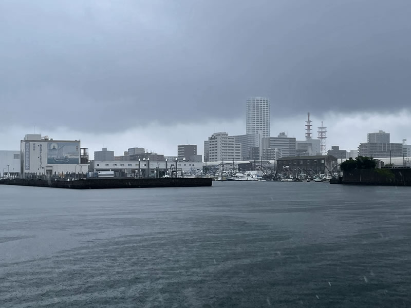 船橋港親水公園から見た豪雨に煙る船橋漁港