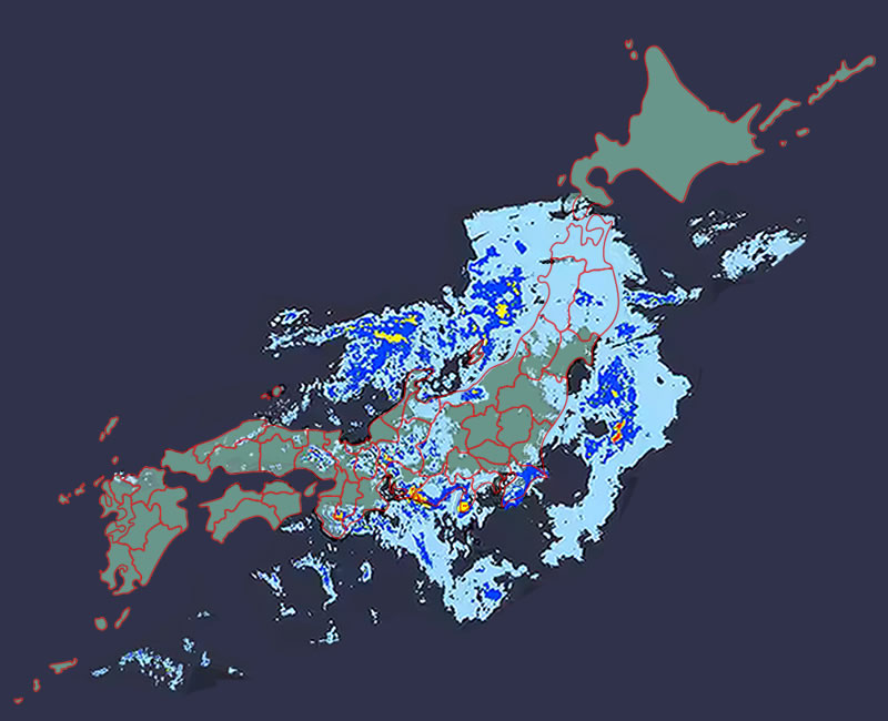 NHK 天気予報の雨雲レーダー図の例（県境線あり）