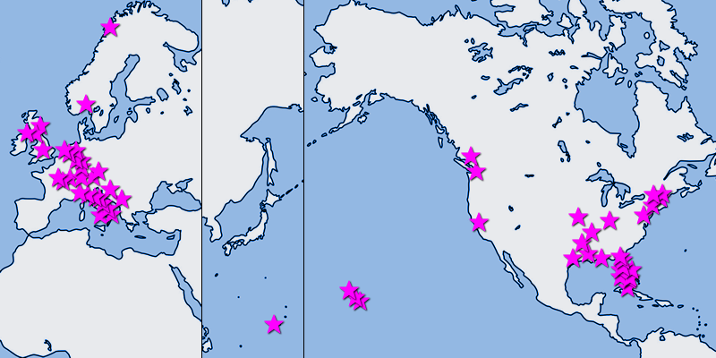 これまで滞在した海外の街を世界地図上に表示した図